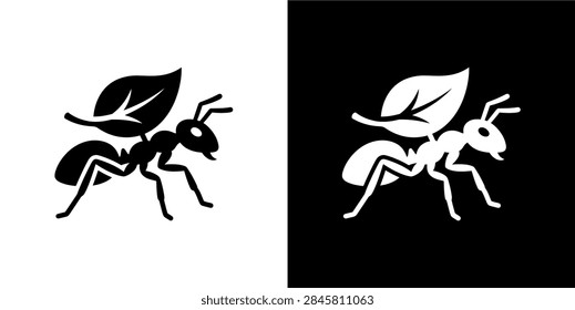 A minimalist flat vector icon of a leafcutter ant carrying a leaf, presented in both positive and negative versions. Ideal for ecological, nature, and biology themes.