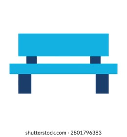 A minimalist flat vector icon of a park bench rendered in shades of blue against a white background.