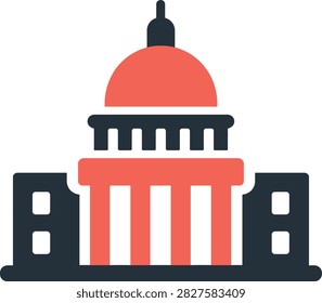 A minimalist flat vector icon representing the United States Capitol building, featuring a red dome and columns against a simple dark grey architectural structure.