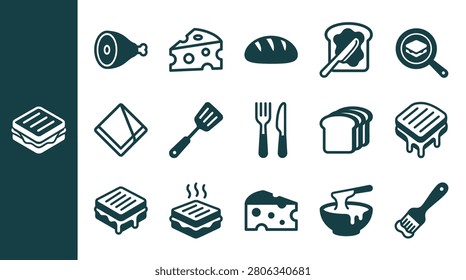 Minimalist flat vector icon set featuring grilled cheese sandwiches, swiss cheese wedges, bread loaves, ham hock, frying pans, spatulas, and cutlery for food and kitchen design concepts.