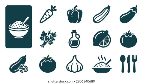 Minimalist flat vector icon set of healthy cooking ingredients and food items including carrot, pepper, zucchini, eggplant, tomato, garlic, olive oil, lemon, herbs, and cutlery.