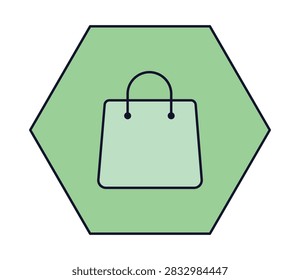 A minimalist flat vector icon of a shopping bag centered inside a light green hexagon shape.