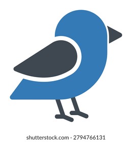 A minimalist flat vector icon of a small bird, rendered in blue and dark gray colors, isolated on a white background.