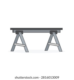 A minimalist flat vector icon of a sturdy construction sawhorse supporting a tabletop isolated on a plain background