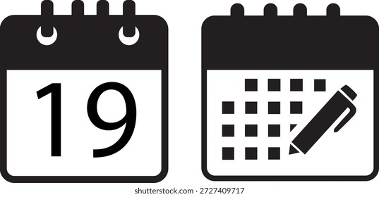 Minimalistische flache Vektorsymbole einer täglichen Kalenderseite mit der Nummer 19 und einem monatlichen Raster mit einem Stift für die Terminplanung und Veranstaltungen.