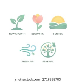 Iconos planos minimalistas del vector que simbolizan la Renovación de la primavera, la naturaleza, y el crecimiento. Presenta diseños de brotes, flores, amaneceres, aire fresco y árboles en colores pastel suaves para proyectos ecológicos.