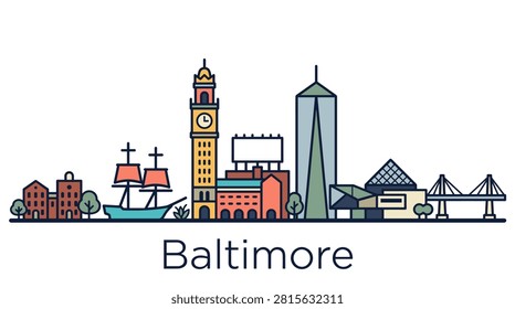 A minimalist flat vector illustration of the Baltimore skyline featuring famous landmarks and the inner harbor isolated on a white background.