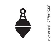 Minimalist flat vector illustration of a black fishing bobber with a white horizontal stripe and top loop.