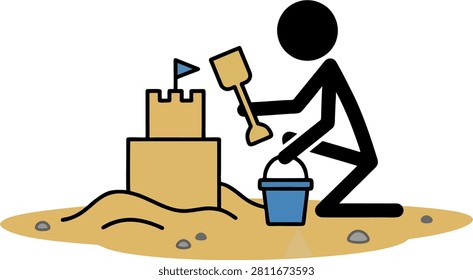 Minimalist flat vector illustration of a black stickman building a simple sandcastle using a bucket and shovel. Designed with bold black outlines, clean geometric shapes, and solid flat colors on a pure white background. Perfect for summer, beach, vacation, children's activities, educational materials, icons, infographics, and commercial design projects. Easy to edit, trace, and suitable for EPS vector format.