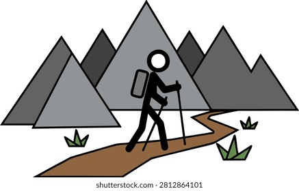 Minimalist flat vector illustration of a black stickman hiking with two trekking poles on a simple mountain trail. Created with bold uniform black outlines, clean geometric shapes, and solid flat colors on a pure white background. Ideal for hiking, trekking, mountaineering, outdoor adventure, camping, fitness, travel, nature, educational materials, icons, infographics, and commercial design projects. Easy to edit, trace, and suitable for EPS vector format.