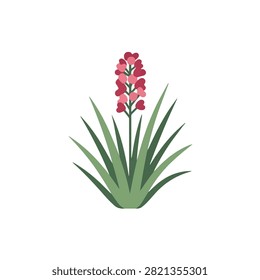 Minimalist Flat Vector Illustration of a Blooming Plant with Long Green Leaves and Red Heart Flowers
