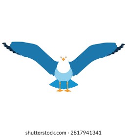 Minimalist flat vector illustration of a blue seagull bird flying with spread wings on white background
