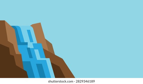 A minimalist flat vector illustration of a blue waterfall cascading down brown rocky cliffs against a light blue sky background.