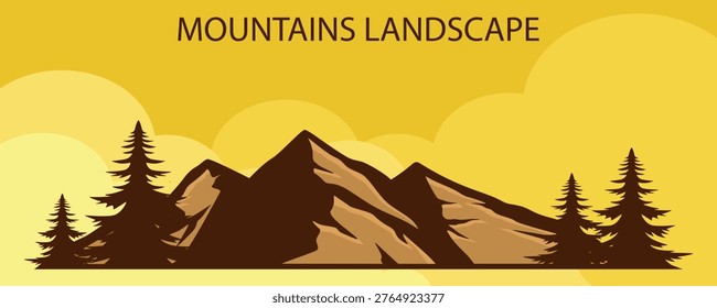 Minimalist Flat Vector Illustration of Brown Mountain Peaks with Pine Tree Silhouettes Against Yellow Gradient Sky and Soft Clouds

