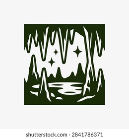 A minimalist flat vector illustration of a cave interior featuring stalactites, stalagmites, and a reflective underground lake, perfect for travel or nature designs.