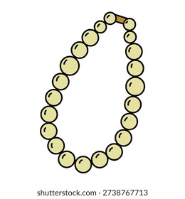 Minimalist flat vector illustration of a classic pearl necklace composed of uniform cream colored beads with a simple gold clasp. Designed with clean outlines and subtle shading for a modern cartoon aesthetic, this elegant jewelry graphic is ideal for fashion blogs, retail websites, gift guides, and accessory-themed projects.