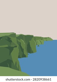 A minimalist flat vector illustration of the Cliffs of Moher in Ireland featuring green grassy cliffs overlooking the blue ocean.