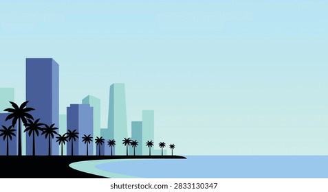 A minimalist flat vector illustration of a coastal city skyline with palm trees along a beach shore against a clear sky.