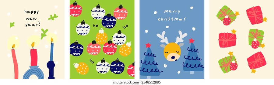 Minimalist flat vector illustration collection with christmas elements. Art for greeting cards, christmas, poster design, postcards, background. Childish naive art style