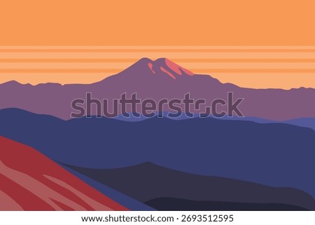 Minimalist flat vector illustration of a colorful mountain landscape in orange,blue,brown,and purple tones. Abstract layered hills,calm sky,and geometric shapes create a peaceful nature scene.