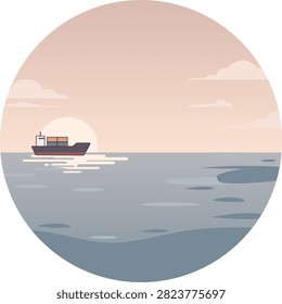 Minimalist flat vector illustration of a container cargo ship sailing on the open sea during a calm sunset, enclosed in a circular badge frame. Great for maritime logistics, global trade, shipping transport, travel banners, and background illustrations.