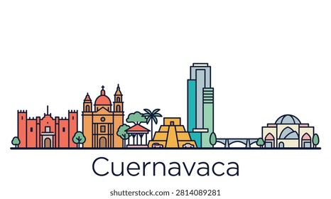 A minimalist flat vector illustration of the Cuernavaca, Mexico skyline landmarks, ideal for travel, tourism, and graphic design projects.