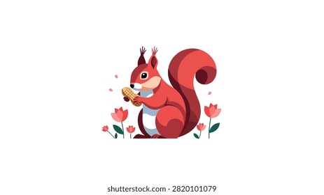 A minimalist flat vector illustration of a cute red squirrel sitting and holding a peanut in its paws. The squirrel is surrounded by simple pink flowers on a clean white background. The design uses geometric shapes and a warm color palette to create a charming and modern wildlife graphic.