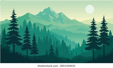 Minimalist flat vector illustration of deep green misty mountain ranges with layered pine forests under a bright sun