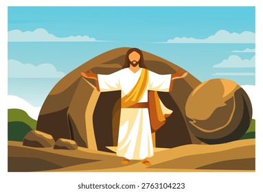
A minimalist flat vector illustration depicting the resurrection of Jesus Christ. Jesus stands with open arms in front of an empty stone tomb with the stone rolled away. The scene is set against a peaceful landscape of rolling hills and a clear blue sky with soft clouds. Ideal for Easter Sunday, church banners, religious storytelling, and spiritual graphic designs
