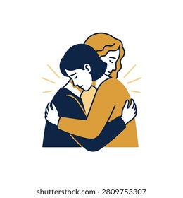 A minimalist flat vector illustration depicting two female friends embracing in a warm hug showing empathy comfort and emotional support