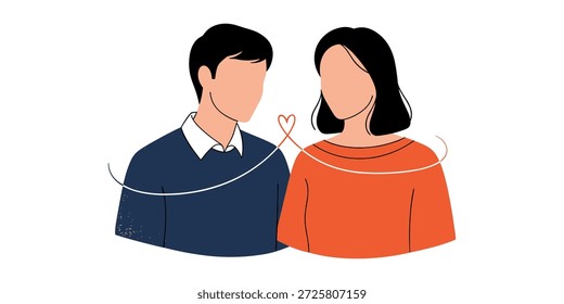 A minimalist flat vector illustration depicts a man and a woman facing each other, connected by a red string that forms a heart shape between them, symbolizing a deep bond, destiny, or romantic relationship on a clean white background