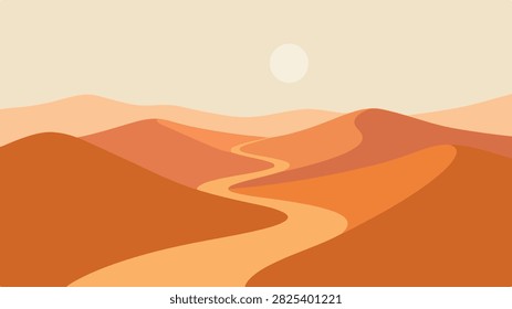 A minimalist flat vector illustration of a desert landscape with rolling sand dunes and a pale sun in a warm color palette.