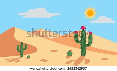 Minimalist flat vector illustration of desert scenery with sand dunes, cactus plants, clouds, and sun in a simple modern style. Perfect for backgrounds, posters, travel designs, and creative templates