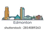 A minimalist flat vector illustration of the Edmonton skyline featuring prominent landmarks like the Muttart Conservatory on a white background.