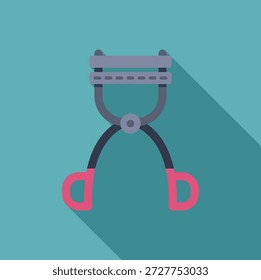 Minimalist flat vector illustration of an eyelash curler casting long shadow over a turquoise background
