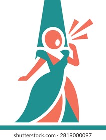 Minimalist flat vector illustration of a faceless female opera singer performing in an elegant teal and coral gown.