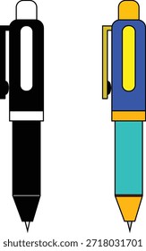 Una Ilustración vectorial minimalista y plana con dos bolígrafos uno al lado del otro sobre un fondo blanco. La pluma de la izquierda se presenta en un esquema de color monocromático, principalmente negro con acentos blancos en el clicker superior y el detalle del Clip. El bolígrafo de la derecha muestra una paleta de colores vibrantes, que consiste en una sección superior del cuerpo azul, un área de agarre inferior verde azulado y detalles amarillos en la parte superior, el Clip y la punta. Ambos bolígrafos comparten la misma estructura de diseño, pareciéndose a un bolígrafo retráctil o un lápiz mecánico. La Imagen es limpia y simple, ideal para varios propósitos de diseño relacionados con papelería, suministros de oficina o educación.