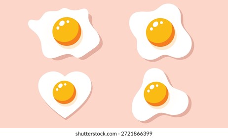 Ilustración vectorial plana minimalista con cuatro huevos fritos con yemas amarillas brillantes sobre un fondo rosa suave. El conjunto incluye varias Formas orgánicas y un huevo en forma de corazón.