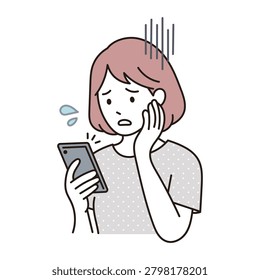 A minimalist flat vector illustration featuring a young woman with a troubled facial expression holding a mobile device.