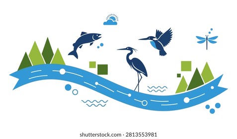 A minimalist flat vector illustration featuring a blue river stream a heron a jumping fish a flying kingfisher and green geometric trees on a white background
