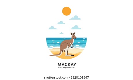 A minimalist flat vector illustration featuring a brown kangaroo standing on a sandy beach in Mackay, North Queensland. The scene is set within a circular frame against a white background, showing blue ocean waves, a bright sun, and soft clouds in the sky.