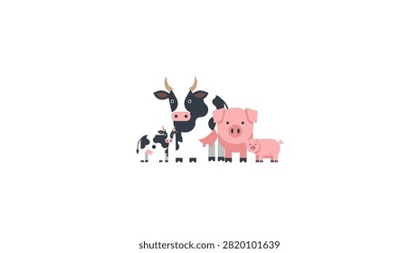 A minimalist flat vector illustration featuring a group of domestic farm animals. The set includes a black and white spotted cow with its calf and a pink pig with its piglet, all standing together on a clean white background. The design is modern, clean, and suitable for agricultural or educational themes.