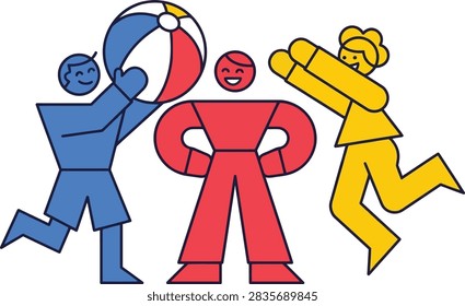 A minimalist flat vector illustration featuring three stylized human figures of different colors playing with a beach ball in a joyful and active manner.