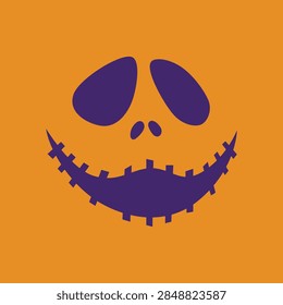 A minimalist flat vector illustration featuring a purple spooky face with large hollow eyes and a stitched grin set against a solid orange background for Halloween holiday graphics.