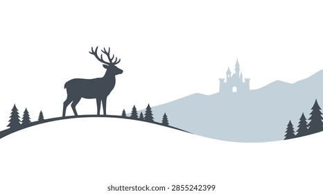 A minimalist flat vector illustration featuring a dark gray silhouette of a deer with large antlers. The animal is positioned on a curved snowy horizon line with small pine tree silhouettes. In the background, a light gray silhouette of a medieval-style castle sits atop a mountain. The composition is clean, using a limited color palette of whites and grays.
