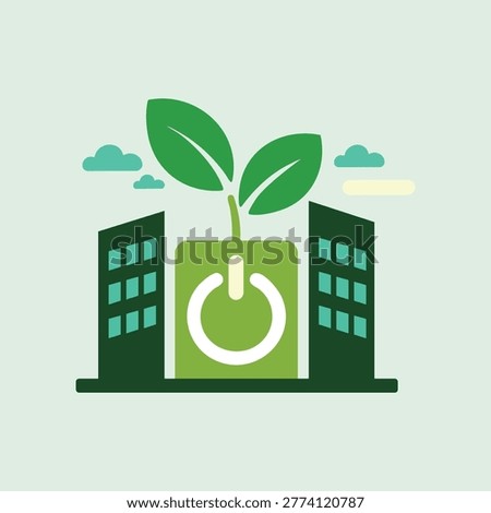 A minimalist flat vector illustration featuring green city office buildings with a sprout growing from a power button symbol, representing sustainable urban energy