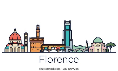 A minimalist flat vector illustration of the Florence skyline featuring famous Italian landmarks such as the Duomo and Ponte Vecchio.