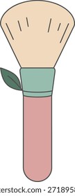 Uma ilustração vetorial plana minimalista de uma escova de maquiagem em pó fofa com um acento de folha verde, representando cosméticos orgânicos, produtos de beleza veganos e cuidados naturais.

