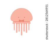 A minimalist flat vector illustration of a friendly pink jellyfish with a small bow tie on a plain white background