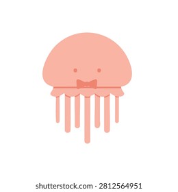 A minimalist flat vector illustration of a friendly pink jellyfish with a small bow tie on a plain white background